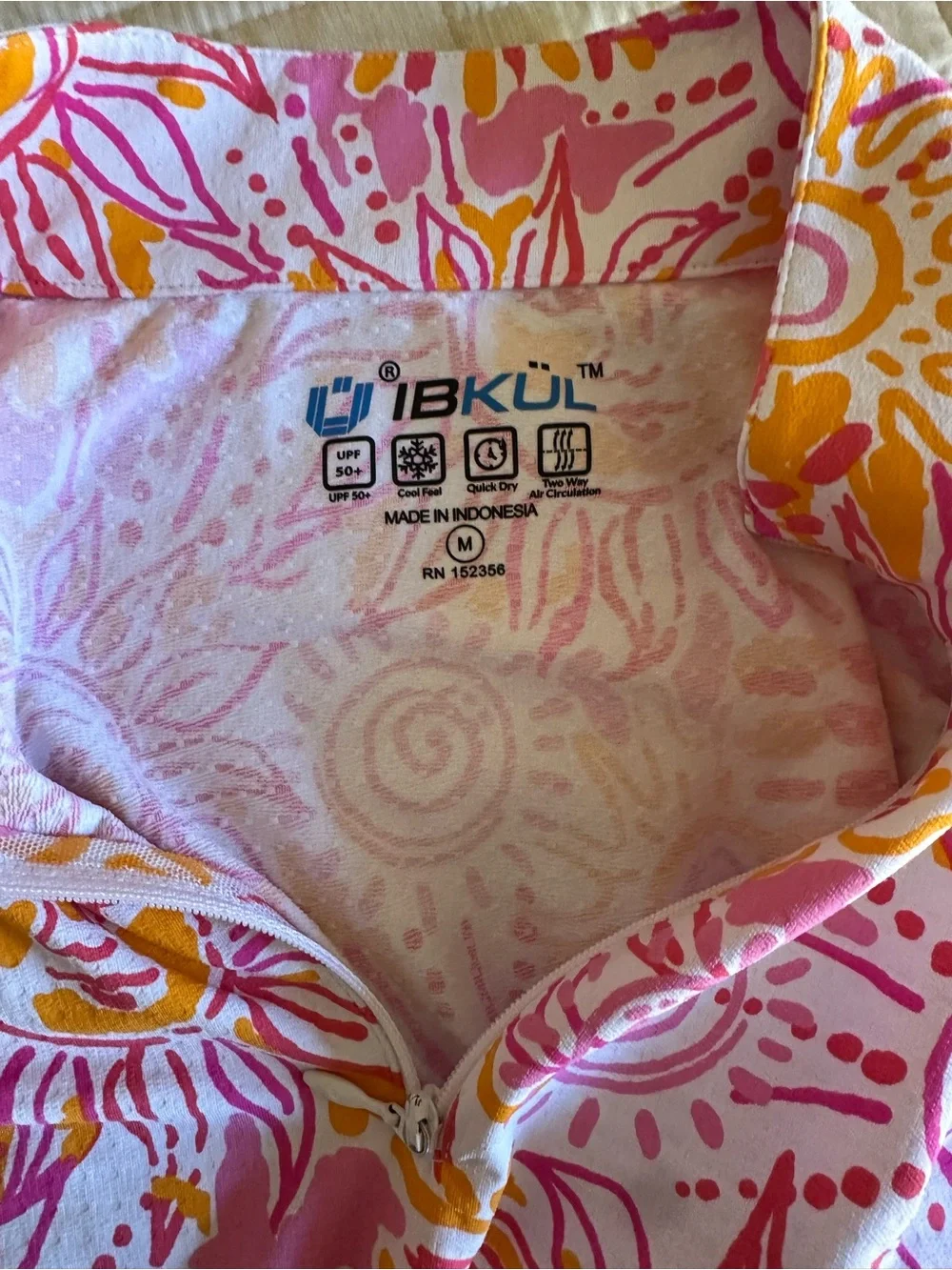 IBKUL Medium Pink & Orange Long Sleeve Sun-Print Zip Mock Neck Top - Picture 2 of 6